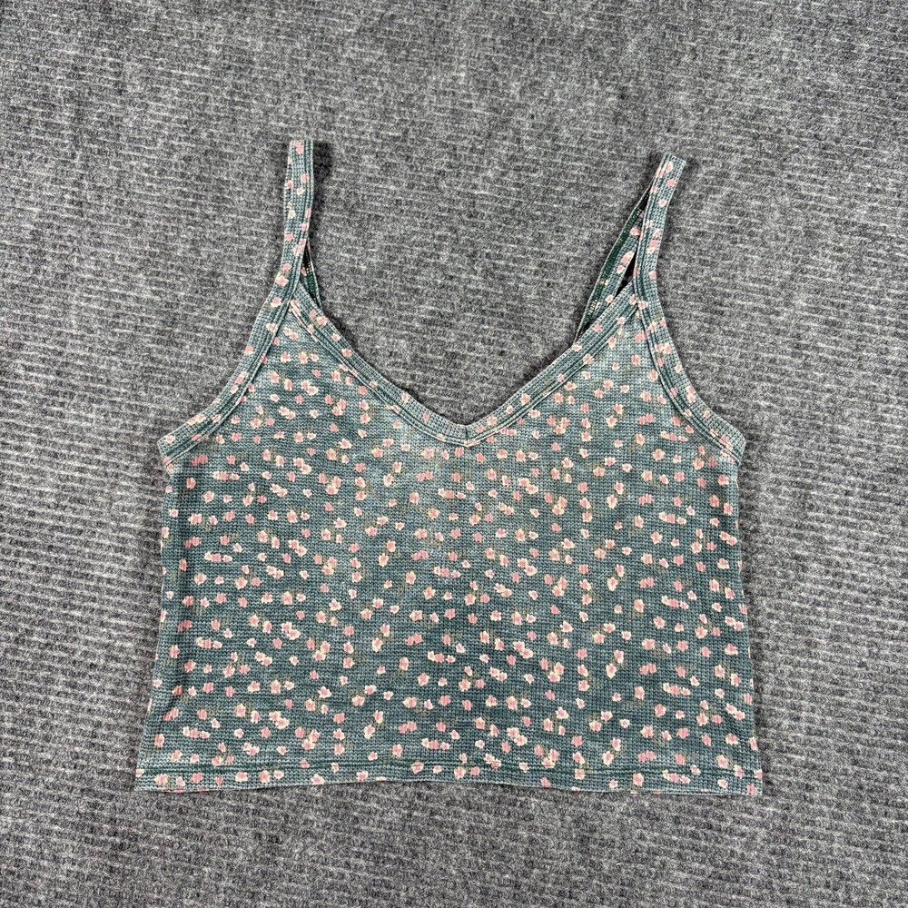 American Eagle Cami Tank Top Womens M Green Excellent Floral Waffle Knit Crop